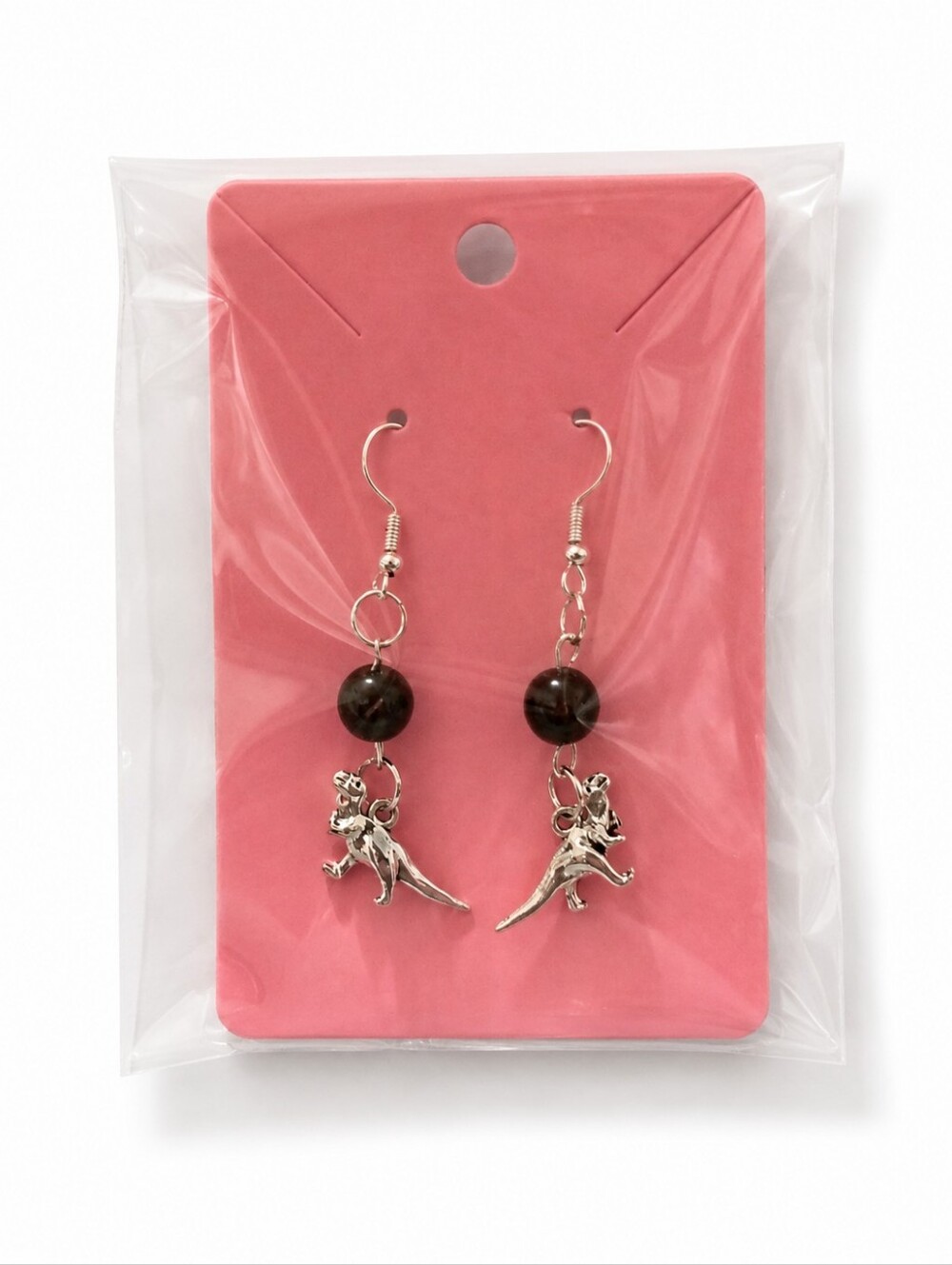 Black Obsidian polished Volcanic Bead Silver T-Rex Dinosaur Drop Earrings 🖤